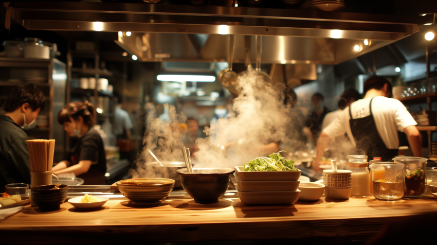Steaming Pots and Ingredients in a Ramen Kitchen