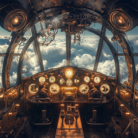 Steampunk Aircraft Cockpit above Clouds