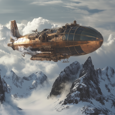 Steampunk Airship Flying Over Mountains