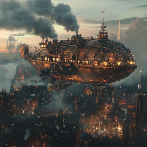 Steampunk Airship Over Industrial City