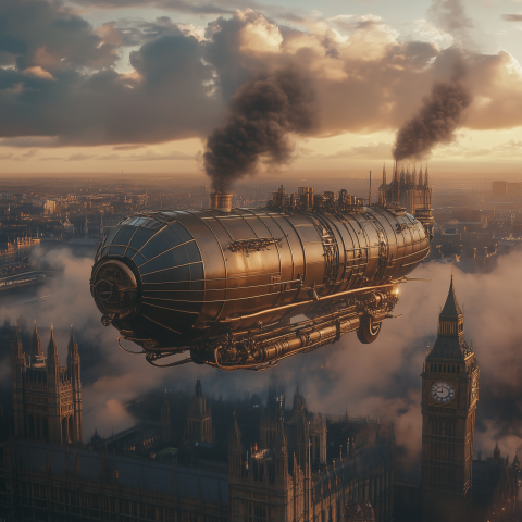 Steampunk Airship Over London Skyline