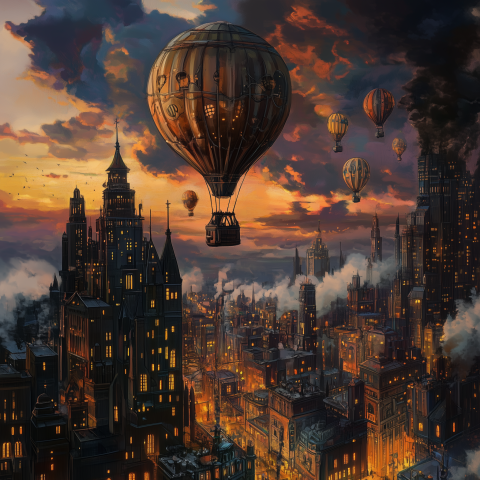 Steampunk Cityscape with Airships at Sunset