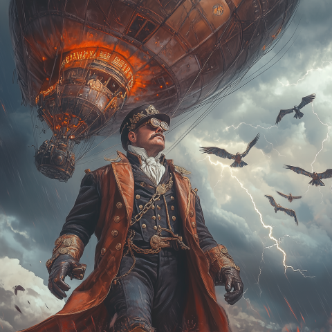 Steampunk Explorer With Burning Airship