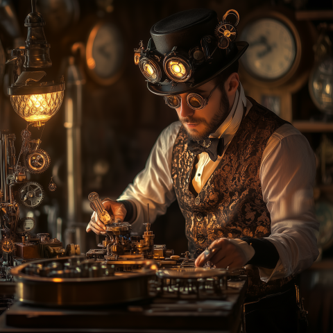 Steampunk Inventor in Workshop Setting