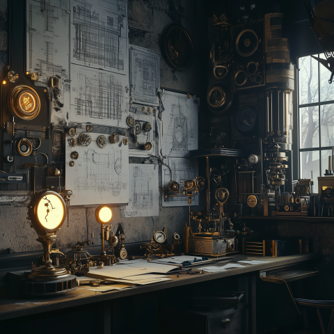 Steampunk Inventor’s Workshop with Blueprints