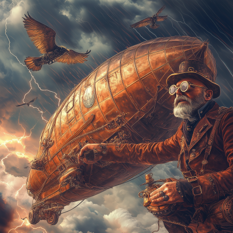 Steampunk Pilot Guiding Airship in Storm