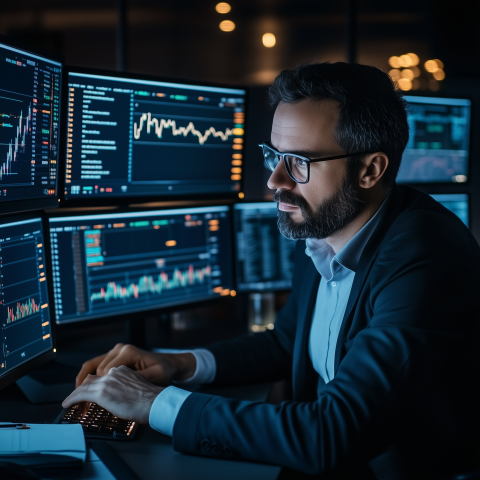 Stock Trader Analyzing Charts on Monitors
