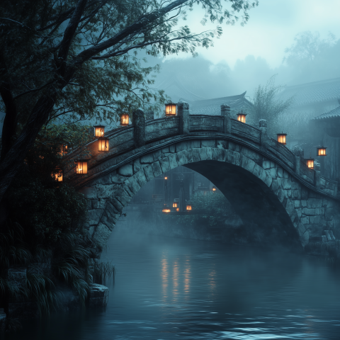 Stone Bridge with Lanterns in Mist