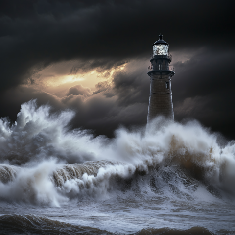 Storm Waves Crashing Against Lighthouse