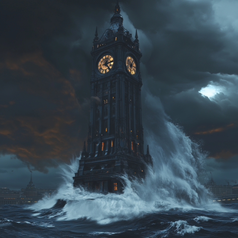 Storm Waves Crashing Against Tower Clock