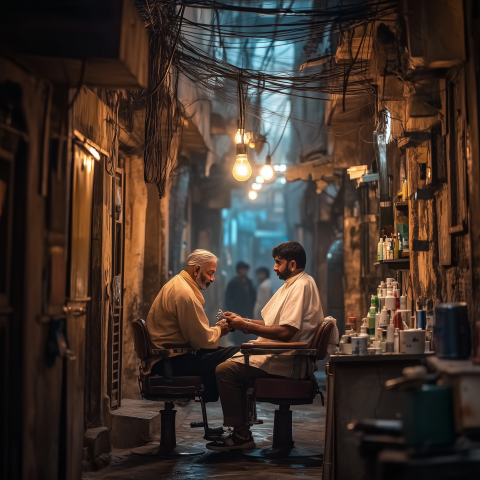 Street Barber Giving Haircut in Narrow Alley