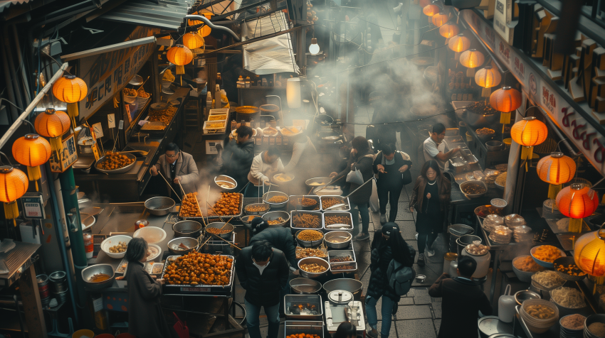 A bustling Chinese street food marke