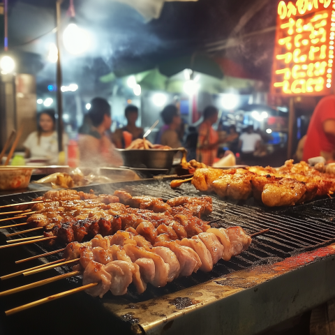 Street Food Skewers Grilling at Night Market
