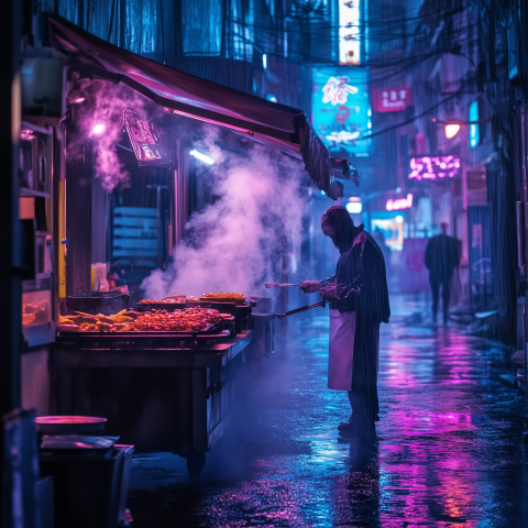 Street Food Stall in Neon Rainy Alley
