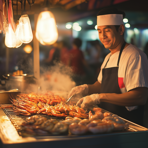 Street Food Vendor Grilling Fresh Seafood