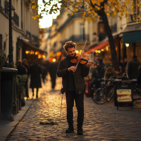 Street Musician Playing Violin at Dusk
