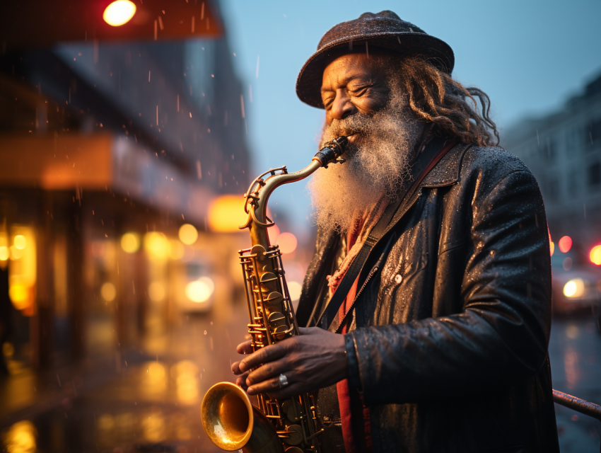 Street Saxophonist Playing in the Rain