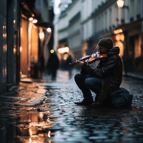 Street Violinist Performing in the Rain