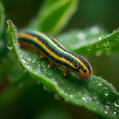 Striped Caterpillar on Dew-Covered Leaf