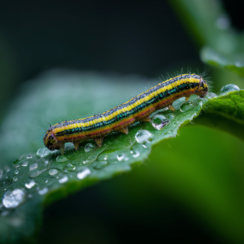 Striped Caterpillar on Fresh Green Leaf
