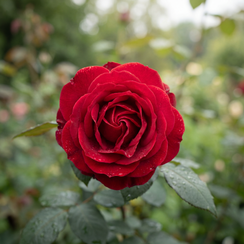 Stunning Red Rose in Full Bloom with Dewdrops in 8K Detail