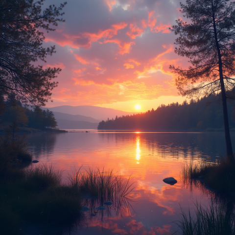 Stunning Sunset Over Serene Mountain Lake