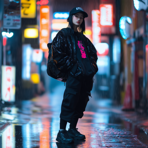 Stylish Girl in Urban Street at Night