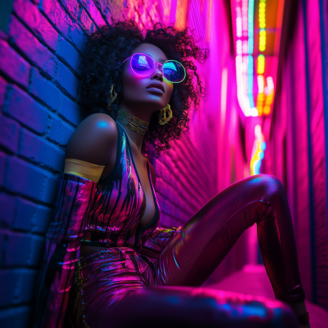 Stylish Woman in Neon Alley at Night