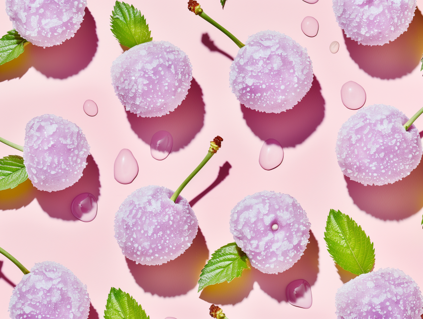 Sugary Pink Cherries with Green Leaves on Pastel Background