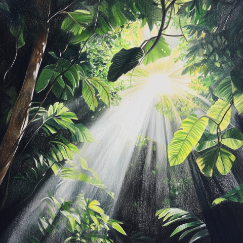 Sun Rays Breaking Through Lush Jungle Canopy