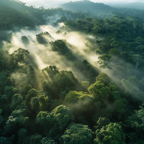 Sun Rays Over Misty Rainforest Canopy
