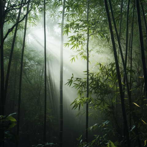 Sunbeams Breaking Through Bamboo Forest
