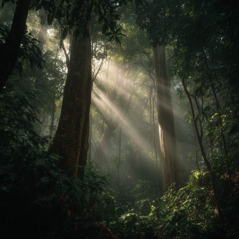 Sunbeams Piercing Dense Tropical Rainforest