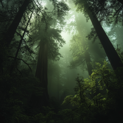 Sunbeams Piercing Through Misty Redwood Forest