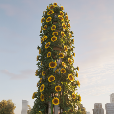 Sunflower-Covered Tower in Urban Park