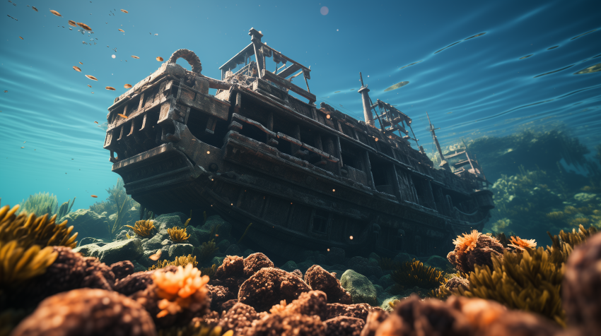 Sunken Shipwreck Among Coral Reefs