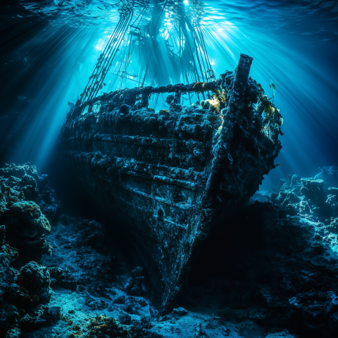 Sunken Shipwreck Illuminated Beneath Ocean Surface