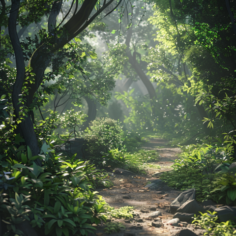 Sunlight and Winding Paths Through Nature's Bounty