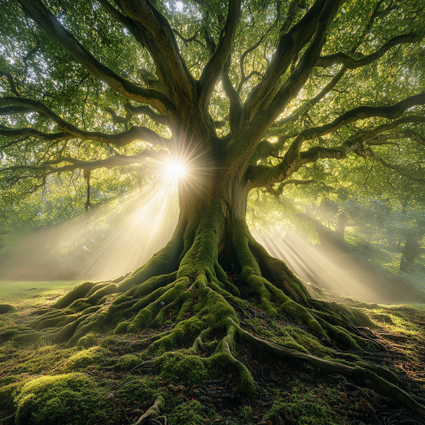 Sunlight Beams Through Ancient Forest Tree