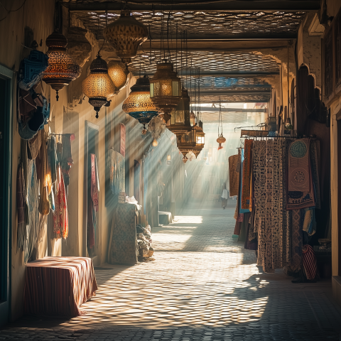 Sunlight Filters Through Moroccan Market Alley