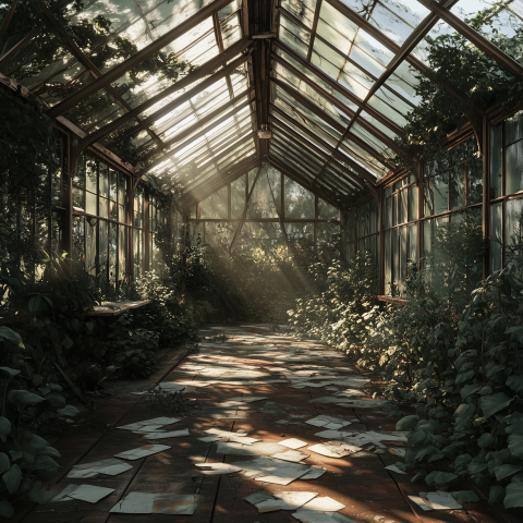 Sunlight in Overgrown Abandoned Greenhouse