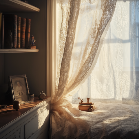Sunlight on Lace Curtain in Vintage Room
