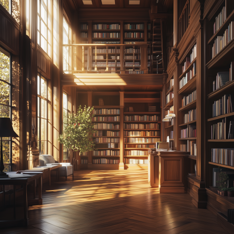 Sunlight Streaming into Grand Library Interior