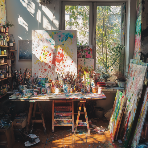 Sunlit Art Studio with Colorful Paint Chaos