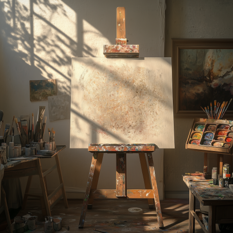 Sunlit Artist Studio with Canvas and Paint