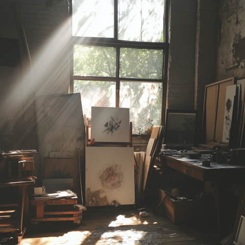 Sunlit Artist Studio with Canvases
