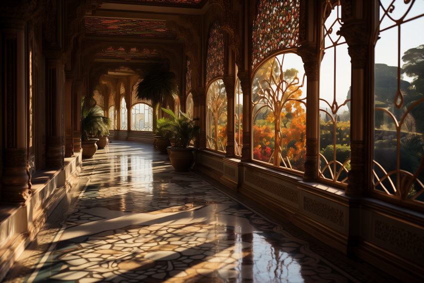 Sunlit Conservatory Hall with Stained Glass Windows