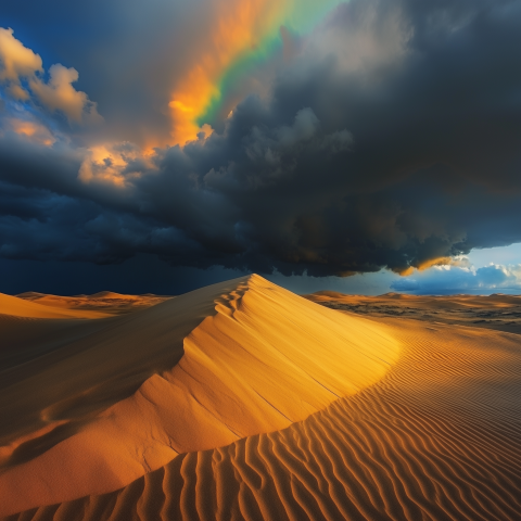 Sunlit Desert Dune Beneath Storm Clouds