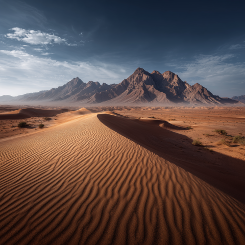 Sunlit Desert Dunes with Majestic Mountain Range