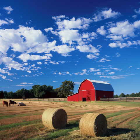 Sunlit Farm with Bales of Hay